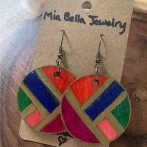 Round 1 1/2” Wood Disc Geometric Design Earrings